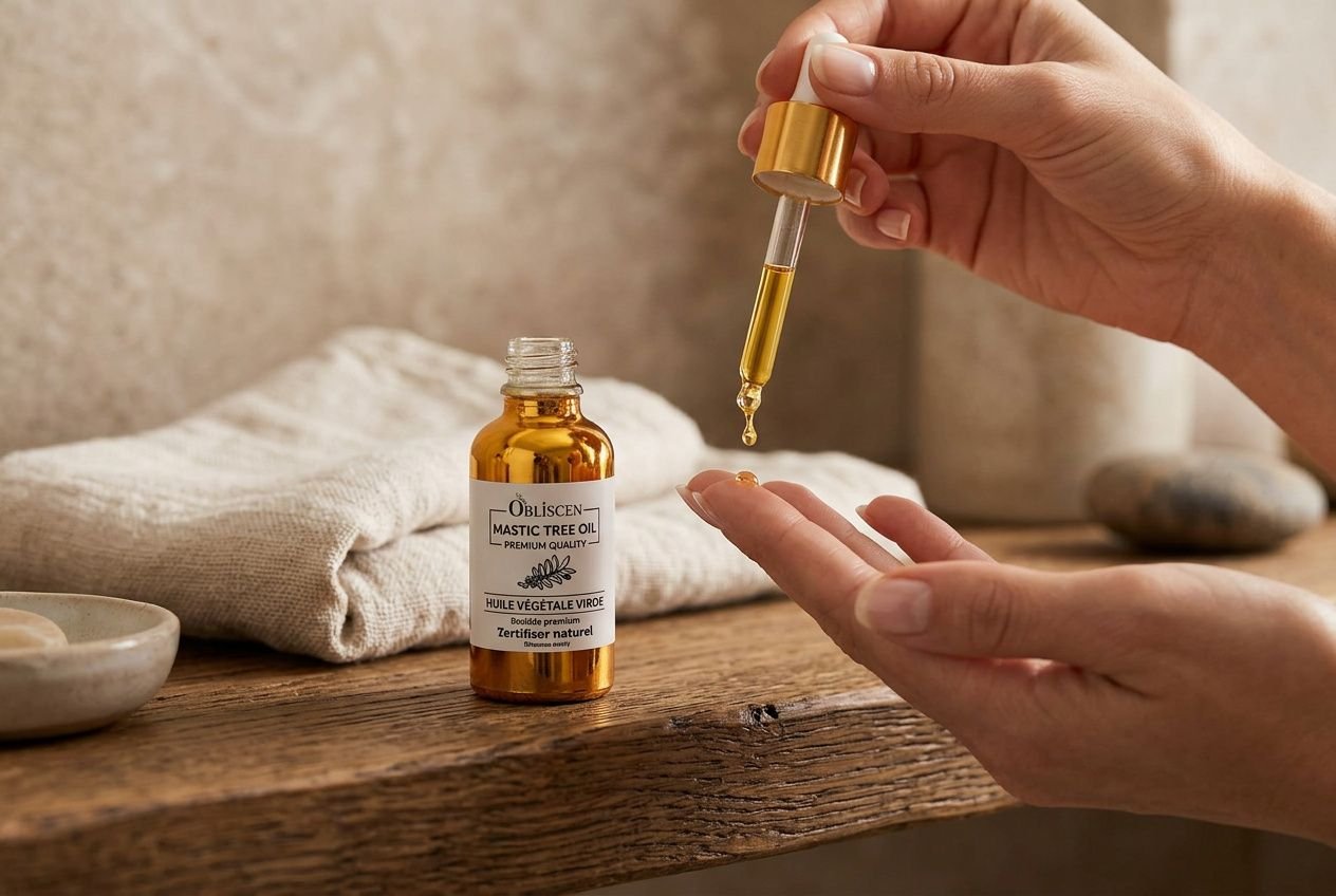 Huile végétale en flacon amber avec pipette, gouttes déposées sur le doigt près d’un linge et d’un petit bol. huile de lentisque pistachier naturelle.